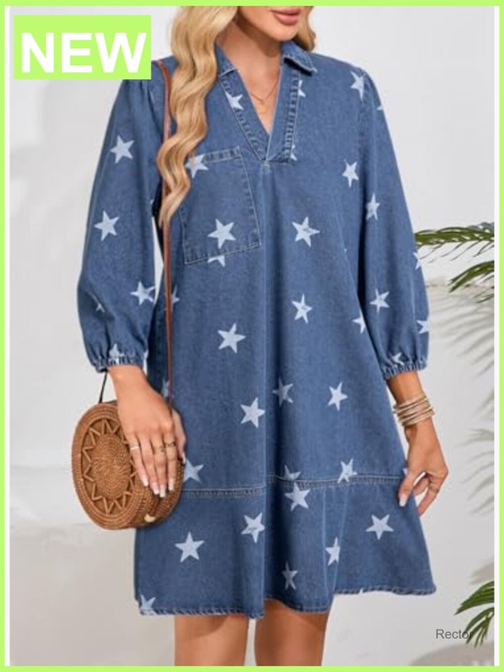 Denim Dress Women V Neck 3/4 Puff Sleeve Babydoll Jean Dress - Picture 3 of 7
